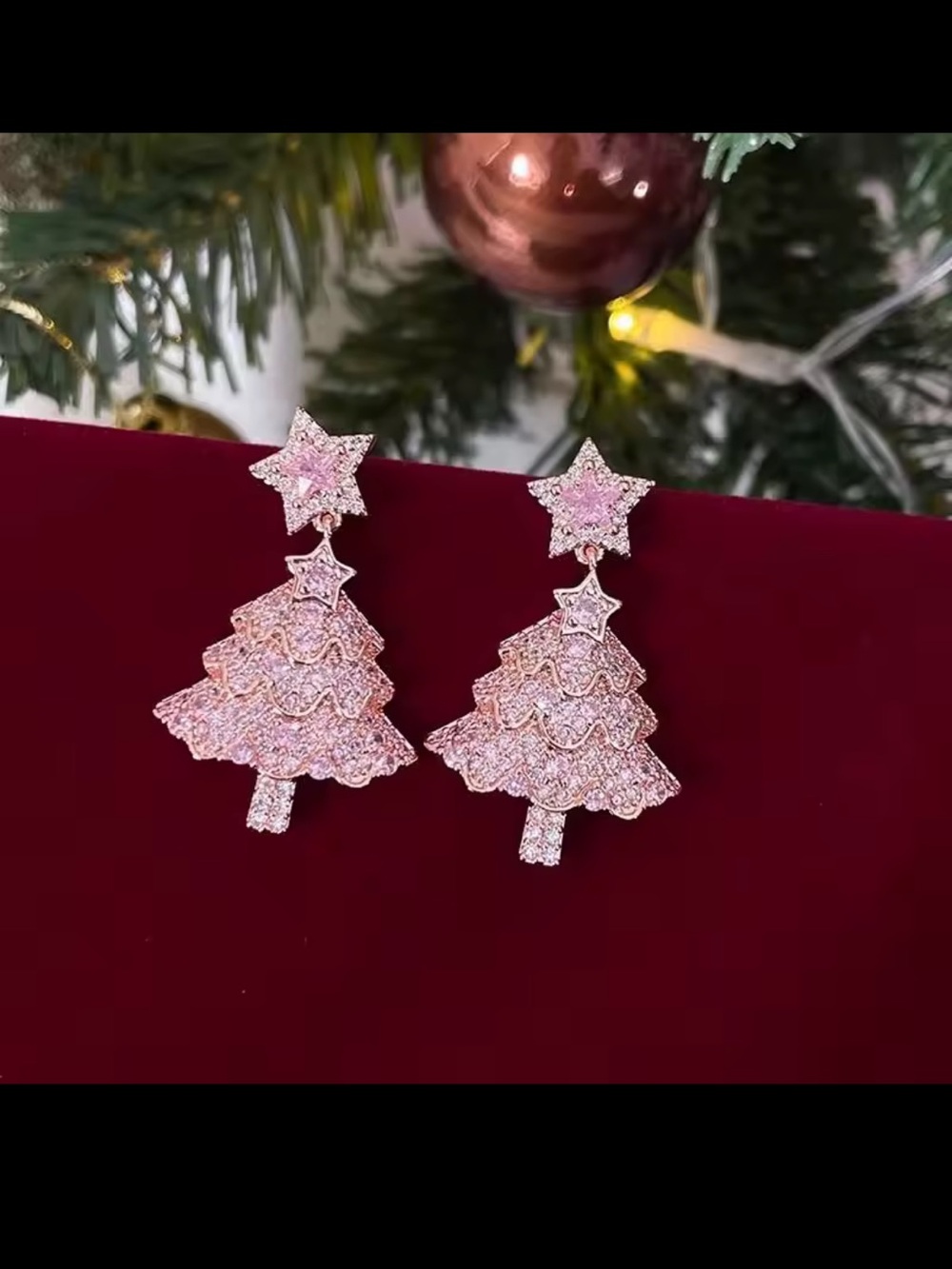 Festive Pink Crystal Christmas Tree Drop Earrings